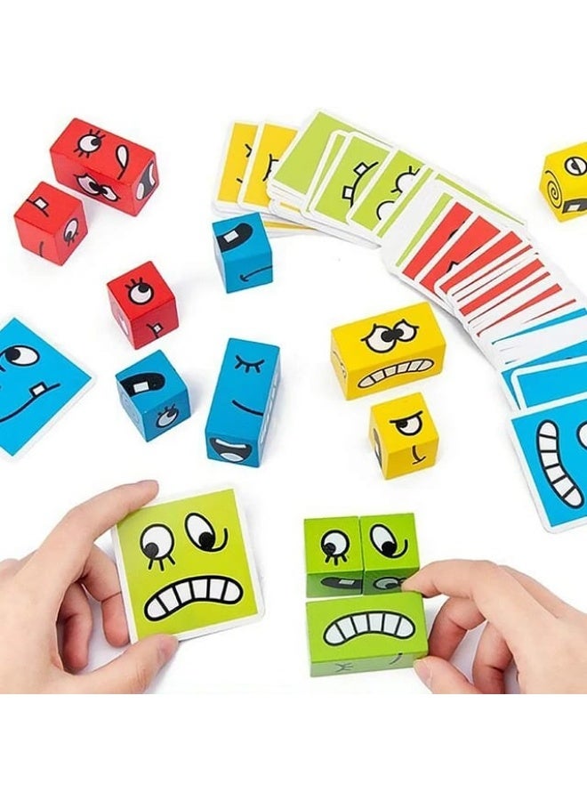 مكعبات بازل تعبيرات الوجه – لعبة مكعبات خشبية متغيرة الوجوه، لعبة مونتيسوري تعليمية حسية للتعلم المبكر للأطفال الصغار - Image 1